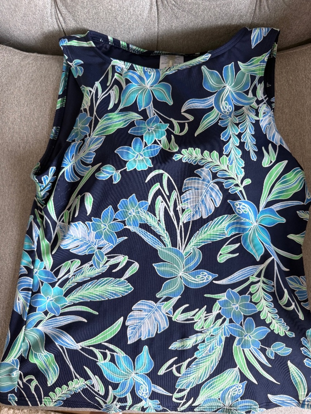 Lands' End Petite 4P Tankini Top Navy Tropical Floral Swimwear Blue Green